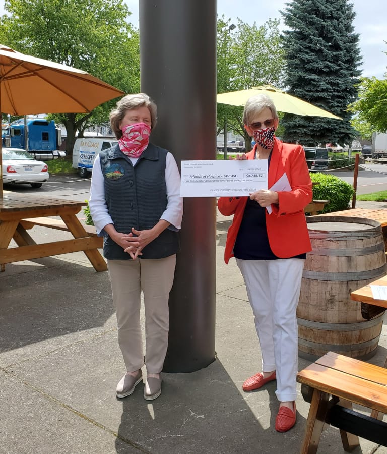 BAGLEY DOWNS: Becky O&#039;Donnell, president of the Clark County Newcomers Club, donates a check for $4,748.52 to Gail Czech, president of Friends of Hospice.