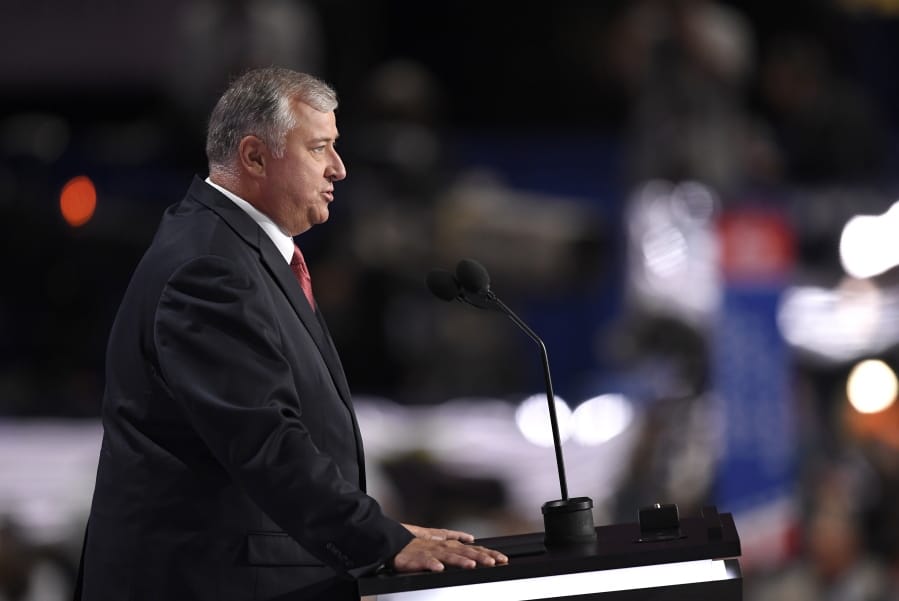 FILE - In this Monday, July 18, 2016, file photo, former Speaker of the Ohio House Larry Householder speaks during the opening day of the Republican National Convention in Cleveland. Householder, the Ohio House speaker now accused in a $60 million federal bribery probe, plays the long game when it comes to politics. (AP Photo/Mark J.