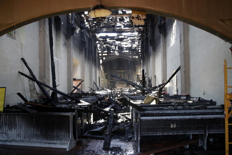 The interior of the San Gabriel Mission is damaged following a morning fire, Saturday, July 11, 2020, in San Gabriel, Calif. The fire destroyed the rooftop and most of the interior of the nearly 250-year-old California church that was undergoing renovation.