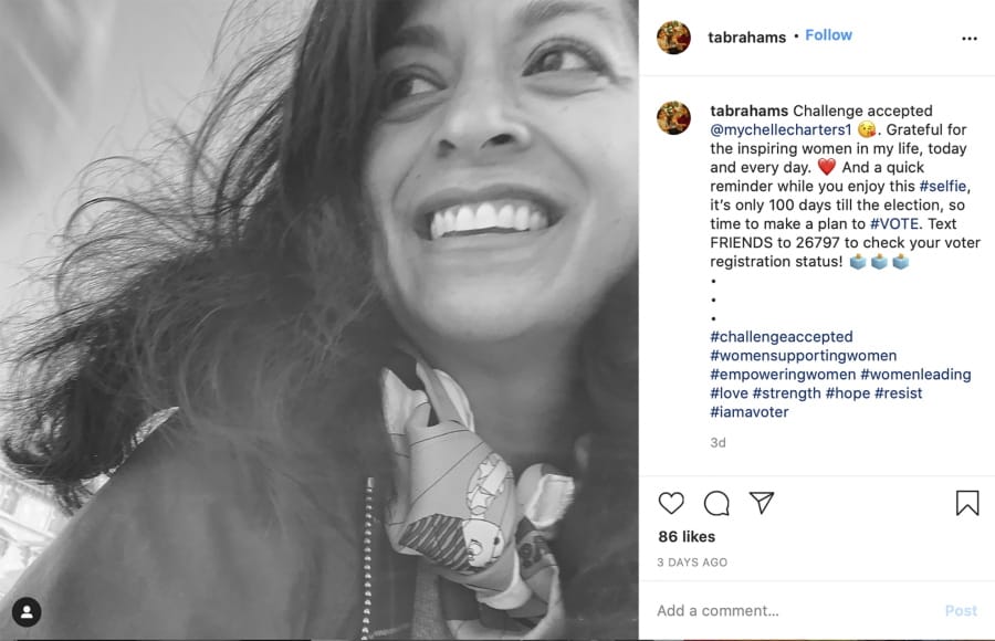 Tara Abrahams&#039; Instagram post with the #challengeaccepted hashtag.