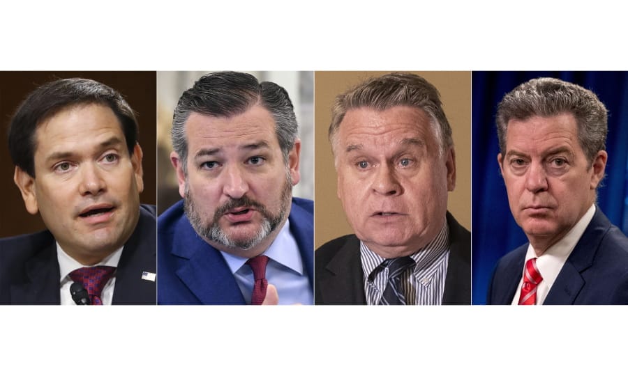 FILE - This combination of the 2020 file photos shows, from left to right; Sen. Marco Rubio, R-Fla. in Washington on May 5, Sen. Ted Cruz, R-Texas in Washington on June 24, Rep. Chris Smith, R-N.J., in Washington on June 2, Sam Brownback, Ambassador at Large for International Religious Freedom, in Washington on June 10. China on Monday, July 13, said it will ban entry to U.S. Senators Rubio and Cruz, Representative Smith and Ambassador for Religious Freedom Brownback over their criticism of the ruling Communist Party&#039;s policies toward minority groups and people of faith.