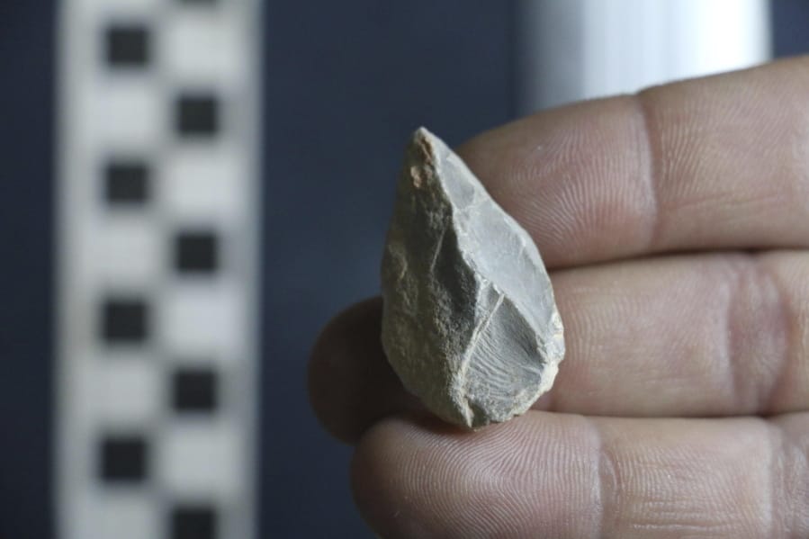 A stone tool found below the Last Glacial Maximum layer from a cave in Zacatecas, central Mexico. Artifacts from the cave suggest people were living in North America much earlier than most scientists think.