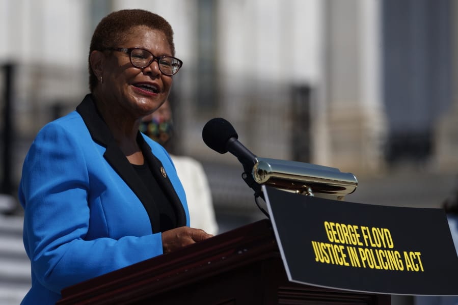 FILE - In this June 25, 2020, file photo Rep. Karen Bass, D-Calif., speaks during a news conference on the House East Front Steps on Capitol Hill in Washington ahead of the House vote on the George Floyd Justice in Policing Act of 2020. California Congresswoman Bass has emerged a leading contender to be Democrats&#039; vice presidential candidate. Allies say her reputation as a bridge-builder would make her a strong partner to presumptive Democratic presidential nominee.