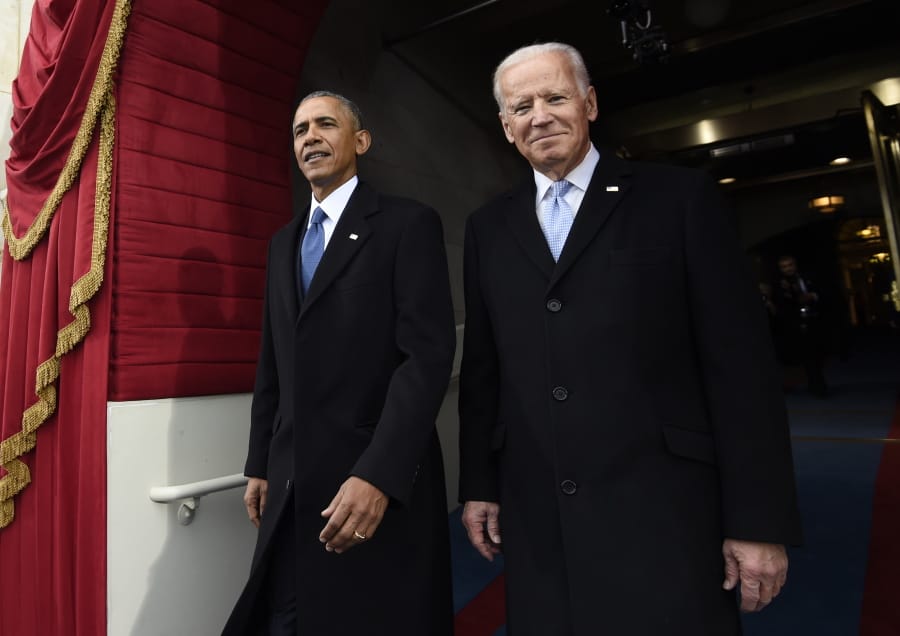 FILE - In this Jan. 20, 2017, file photo, President Barack Obama and Vice President Joe Biden arrive for the Presidential Inauguration of Donald Trump at the U.S. Capitol in Washington. 2020 presidential candidate and former Vice President Biden is releasing a video of his first in-person meeting with former President Obama since the coronavirus outbreak began, enlisting the former president to help slam his successor&#039;s response to the pandemic.