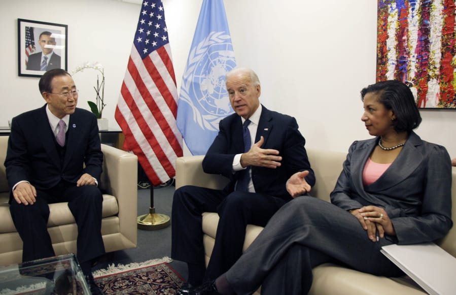 FILE - In this Dec. 15, 2010, file photo Vice President Joe Biden, center, and Susan Rice, the U.S. Ambassador to the United Nations, meet with U.N. Secretary-General Ban Ki-moon before a session of the U.N. Security Council, at U.N. headquarters. Democratic presidential nominee Joe Biden is in the final stages of selecting his running mate. Among the contenders is Susan Rice, who worked closely with Biden in the Obama administration and regularly briefed him on pressing foreign policy matters when she served as national security adviser.