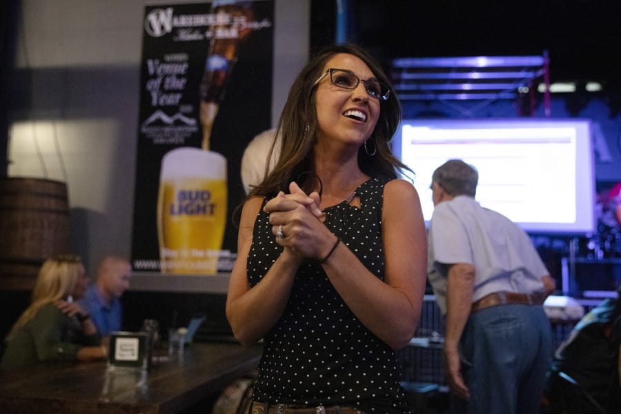 Lauren Boebert waits for returns during a watch party in Grand Junction, Colo., Tuesday, June 30, 2020. Boebert defeated five-term Rep. Scott Tipton in the Republican primary in the 3rd Congressional District.
