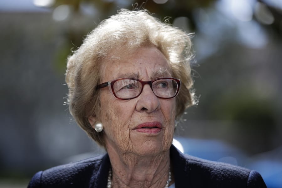 FILE - In this Thursday, March 7, 2019 file photo, Eva Schloss, the stepsister of Anne Frank and a Holocaust survivor, attends a news conference in Newport Beach, Calif. Holocaust survivors around the world are lending their voices to a campaign launched Wednesday July 29, 2020, targeting Facebook head Mark Zuckerberg, urging him to take action to remove denial of the Nazi genocide from the social media site. Eva Schloss is an Auschwitz survivor who today lives in London and has recorded a message for Zuckerberg. (AP Photo/Jae C.