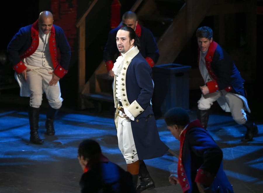 Lin-Manuel Miranda and the cast of &quot;Hamilton&quot; perform June 12, 2016, at the Tony Awards in New York. A filmed version of the original Broadway production will be available today on Disney Plus.