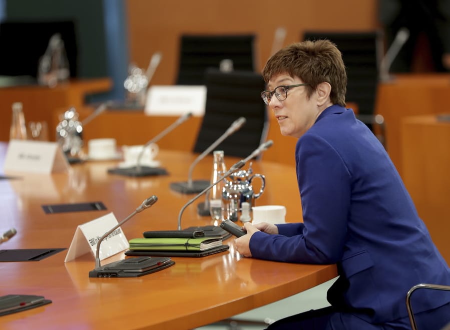German Defence Minister Annegret Kramp-Karrenbauer speaks prior to the weekly cabinet meeting at the Chancellery in Berlin, Germany, Wednesday, July 8, 2020.