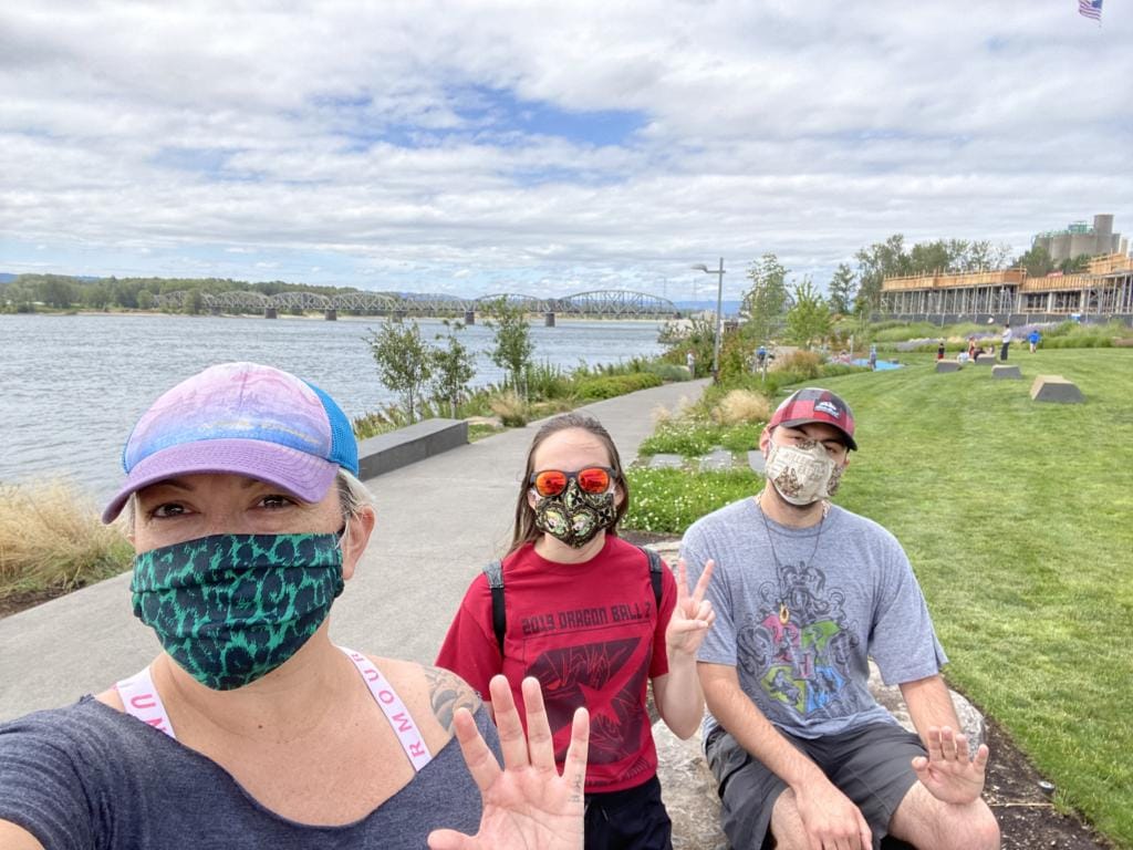 The #MaskUpClarkCounty Instagram contest started Monday and will end Aug. 21. Clark County resident Sasha Resoff and her daughter, Gwyn, and son, Alexei, sporting masks at Vancouver Waterfront Park.