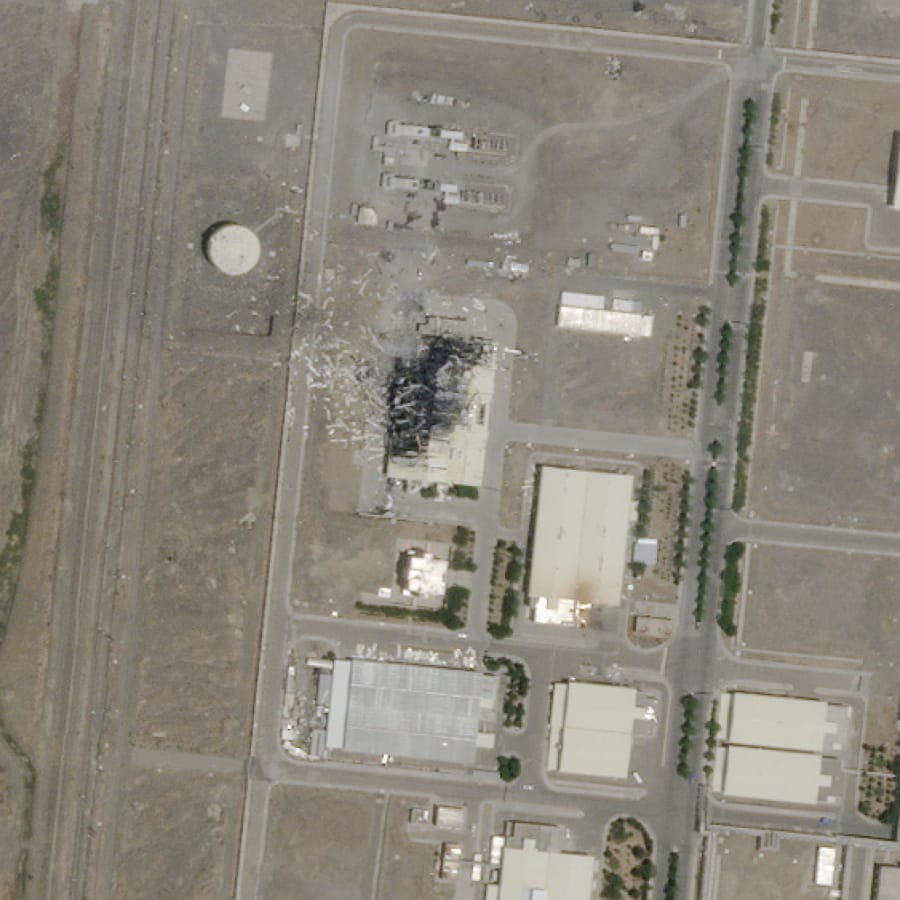 This Sunday, July 5, 2020 satellite image from Planet Labs Inc. shows the substantial damage done by an explosion and a fire at an advanced centrifuge assembly plant at Iran&#039;s Natanz nuclear site. Israeli leaders are now hinting it was behind the massive fire at the Iranian nuclear site last week, potentially ratcheting up a long-running covert war. (Planet Labs Inc.