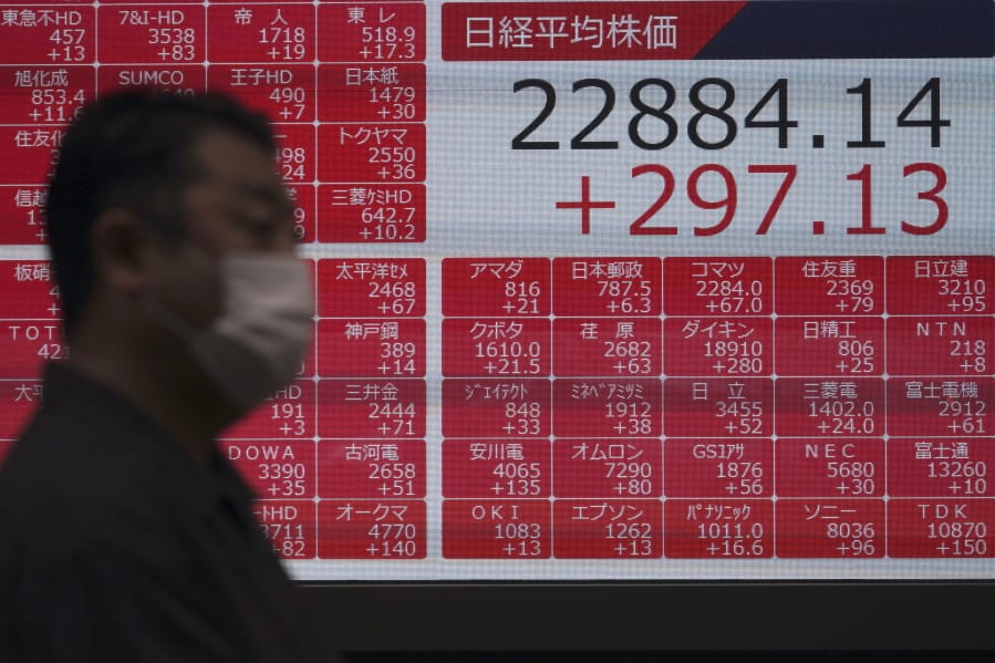 A man walks past an electronic stock board showing Japan&#039;s Nikkei 225 index at a securities firm in Tokyo Wednesday, July 15, 2020. Shares were mostly higher in Asia on Wednesday as investors were encouraged by news that an experimental COVID-19 vaccine under development by Moderna and the U.S. National Institutes of Health revved up people&#039;s immune systems just as desired.