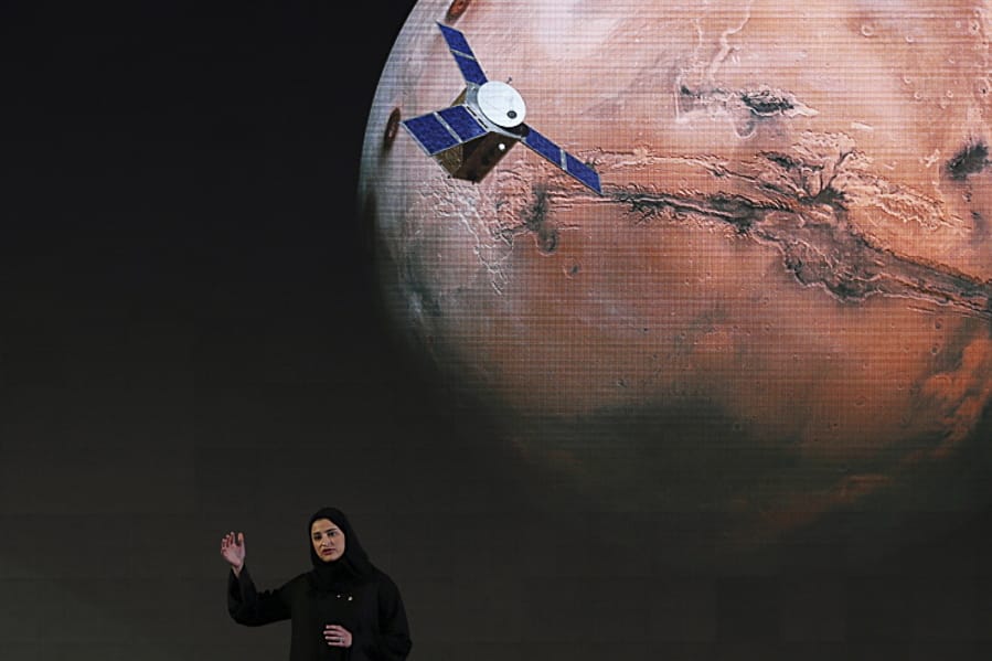 FILE - In this Wednesday, May 6, 2015 file photo, Sarah Amiri, deputy project manager of the United Arab Emirates Mars mission, talks about the project named &quot;Hope,&quot; or &quot;al-Amal&quot; in Arabic, which is scheduled for launch in 2020, during a ceremony in Dubai, UAE. Three countries -- the United States, China and the United Arab Emirates -- are sending unmanned spacecraft to the red planet in quick succession beginning in July 2020.