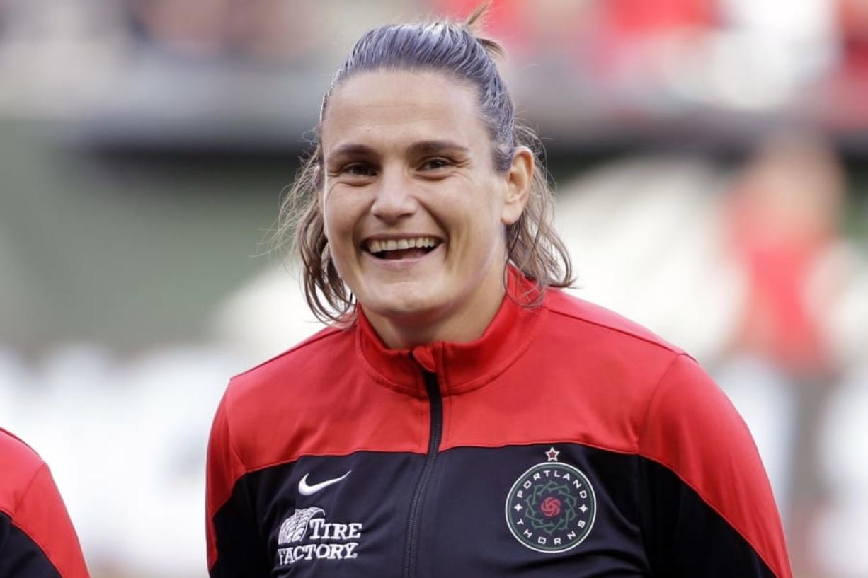 FILE - This is an Aug. 30, 2015, file photo showing Portland Thorns&#039; Nadine Angerer before an NWSL soccer match against the Washington Spirit in Portland, Ore. Former German national team goalkeeper Nadine Angerer has suddenly and unexpectedly found herself on the bench for the Portland Thorns, poised to play as the team navigates injuries at the Challenge Cup tournament. The 42-year-old goalkeeping coach for the Thorns retired from playing five years ago.