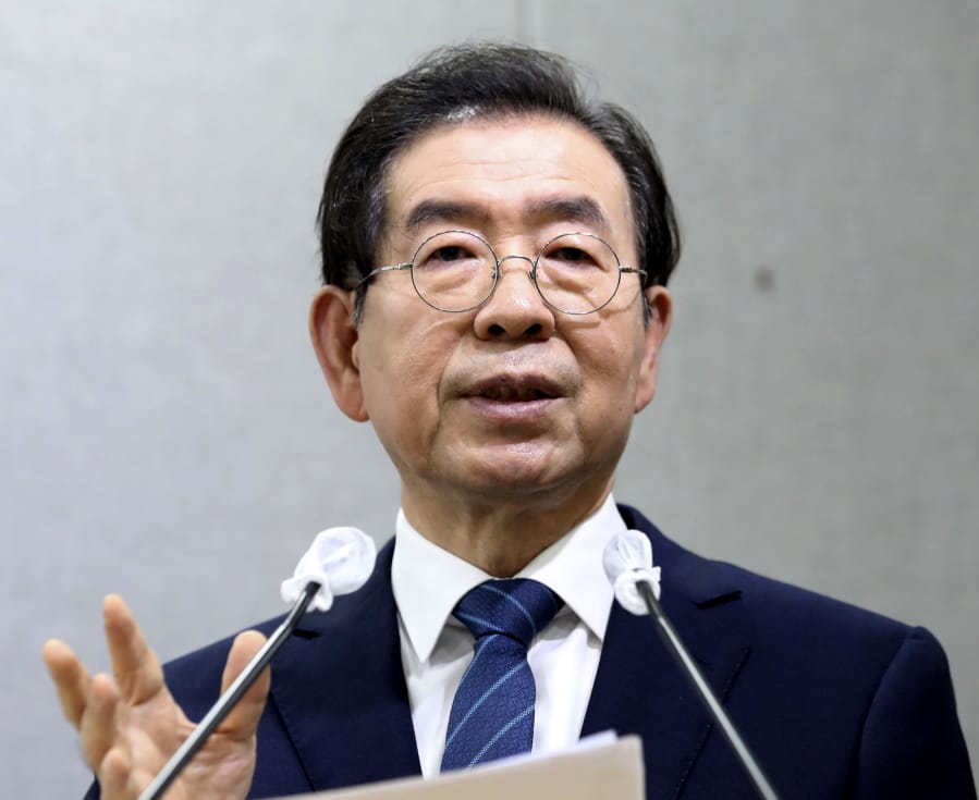 Seoul Mayor Park Won-soon speaks during a press conference at Seoul City Hall in Seoul, South Korea Wednesday, July 8, 2020. Police on Thursday, July 9, said the mayor of South Korean capital Seoul has been reported missing and search operations are underway.