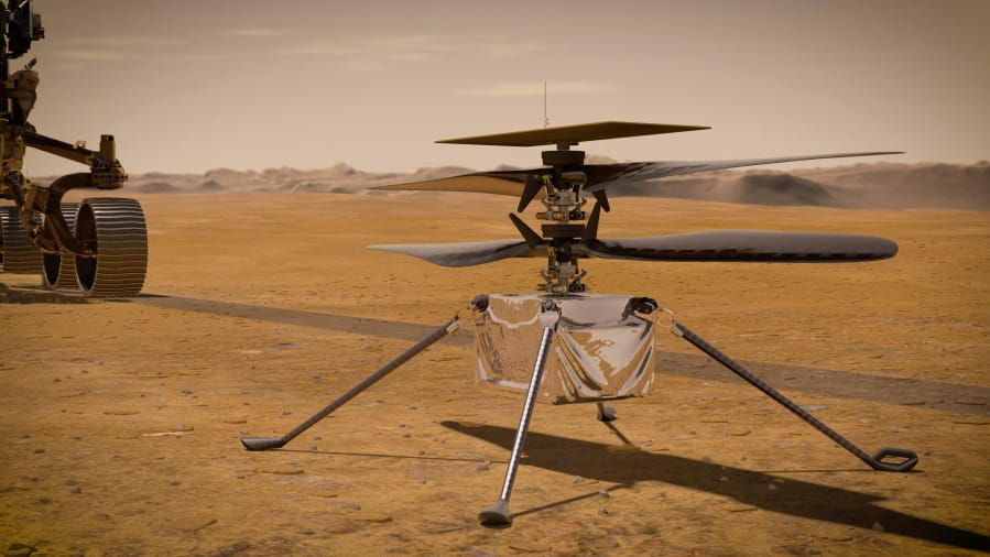 An illustration depicts the Ingenuity Mars Helicopter on the red planet&#039;s surface near the Perseverance rover, left.