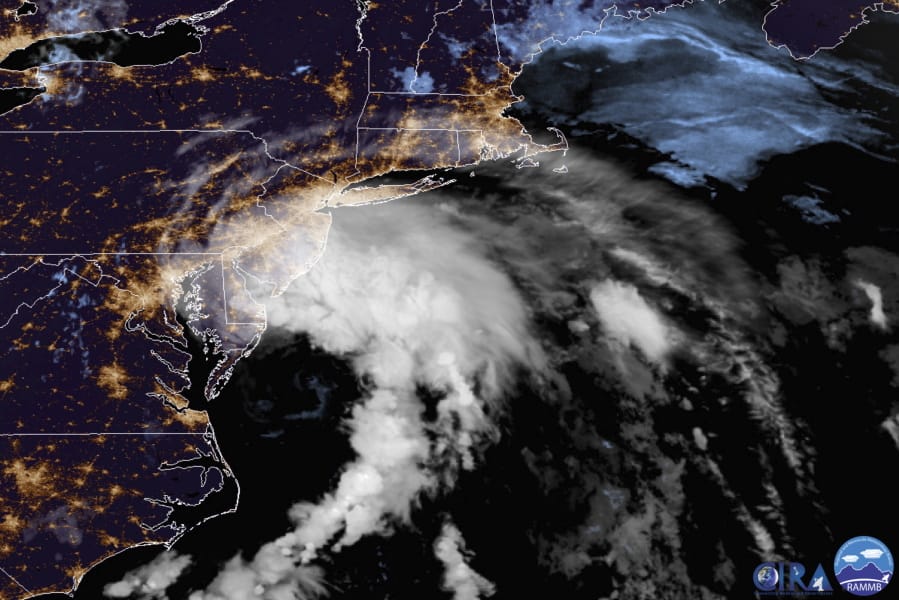 This GOES-16 satellite image taken at 9:30 UTC (5:30 a.m. EDT) on Friday, July 10, 2020 shows Tropical Storm Fay as it moves closer to land in the northeast of the United States. Fay was expected to bring 2 to 4 inches (5 to 10 centimeters) of rain, with the possibility of flash flooding in parts of the mid-Atlantic and southern New England, The U.S. National Hurricane Center said in its 5 a.m. advisory.