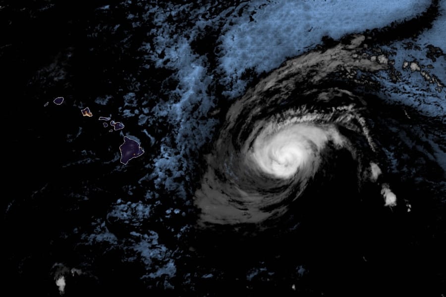 This Saturday, July 25, 2020 infrared satellite image made available by the National Oceanic and Atmospheric Administration shows Hurricane Douglas approximately 500 miles east of Hawaii at 4:10 a.m. HST.