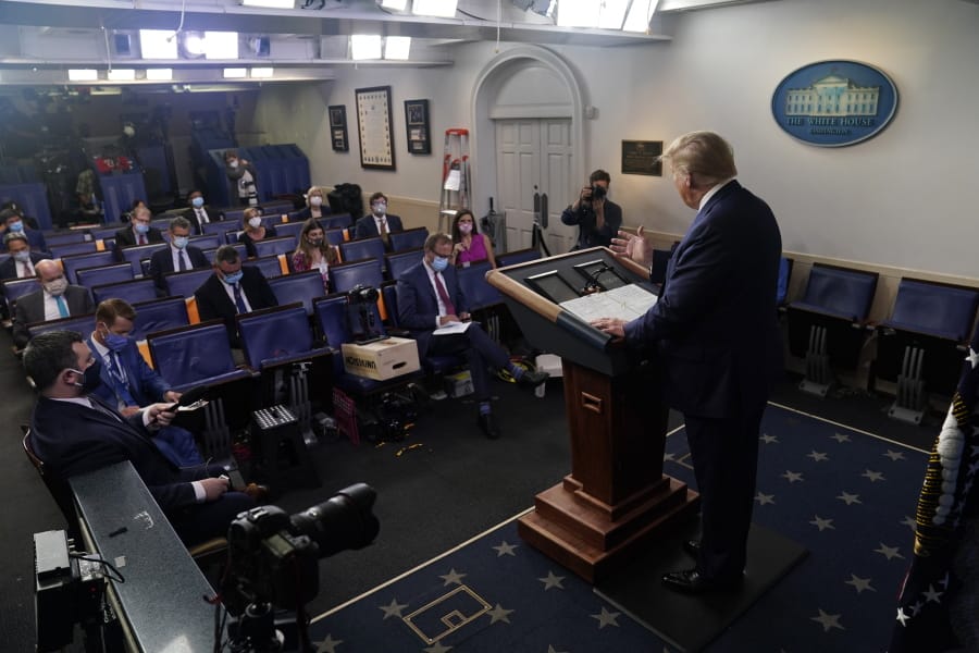 President Donald Trump speaks during a news conference at the White House, Wednesday, July 22, 2020, in Washington.