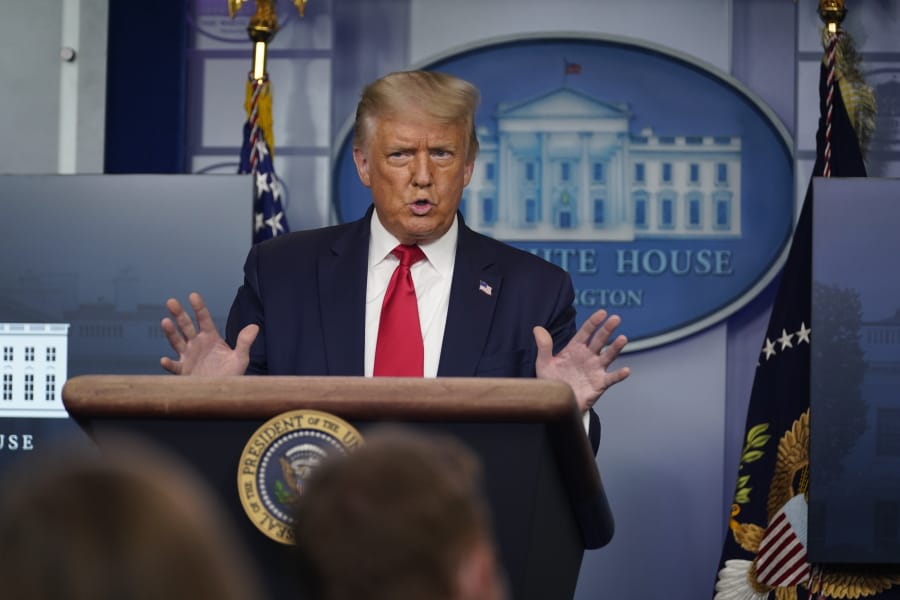 President Donald Trump speaks during a news conference at the White House, Tuesday, July 28, 2020, in Washington.