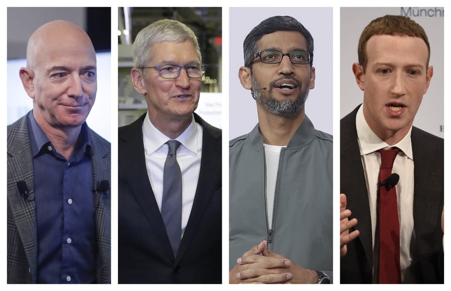 This combination of 2019-2020 photos shows Amazon CEO Jeff Bezos, Apple CEO Tim Cook, Google CEO Sundar Pichai and Facebook CEO Mark Zuckerberg. On Wednesday, July 29, 2020, the four Big Tech leaders will answer for their companies&#039; practices before Congress at a hearing by the House Judiciary subcommittee on antitrust.