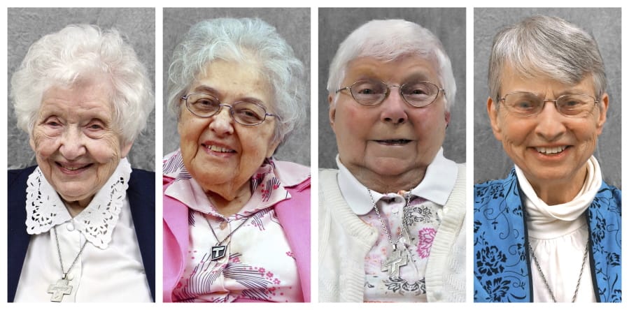 This combination of photos provided by the School Sisters of St. Francis shows Sisters Annelda Holtkamp, Bernadette Kelter, Josephine Seier and Marie June Skender. The nuns, who died from COVID-19 in March and April 2020, had retired years ago. Some moved into the Our Lady of the Angels assisted living facility in Wisconsin, when it opened in 2011. (School Sisters of St.