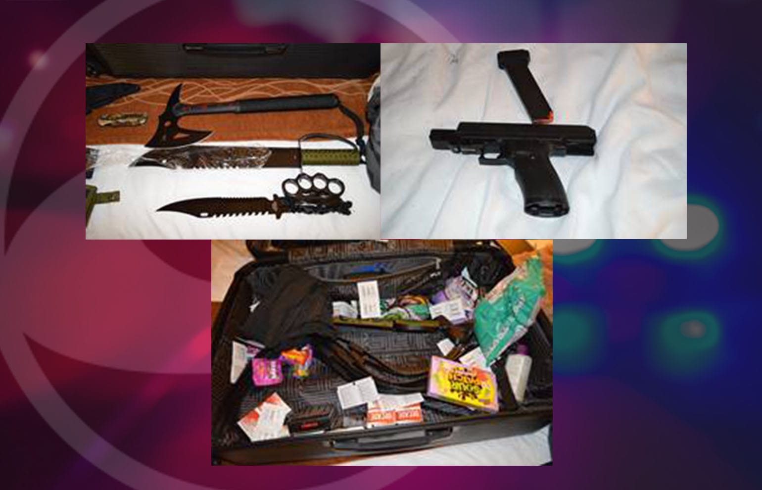 Detectives executed a search warrant at the Vancouver hotel room of Samuel Aaron Leonard, 39, of New Port Richey, Fla., and located what appears to be a kidnappers kit which included heavy duty flex cuffs, handcuffs, duct tape, rubber gloves, face wrap/blindfold, lubricant, a sex toy, several large knives, a hatchet, and a .45 caliber handgun and ammunition.