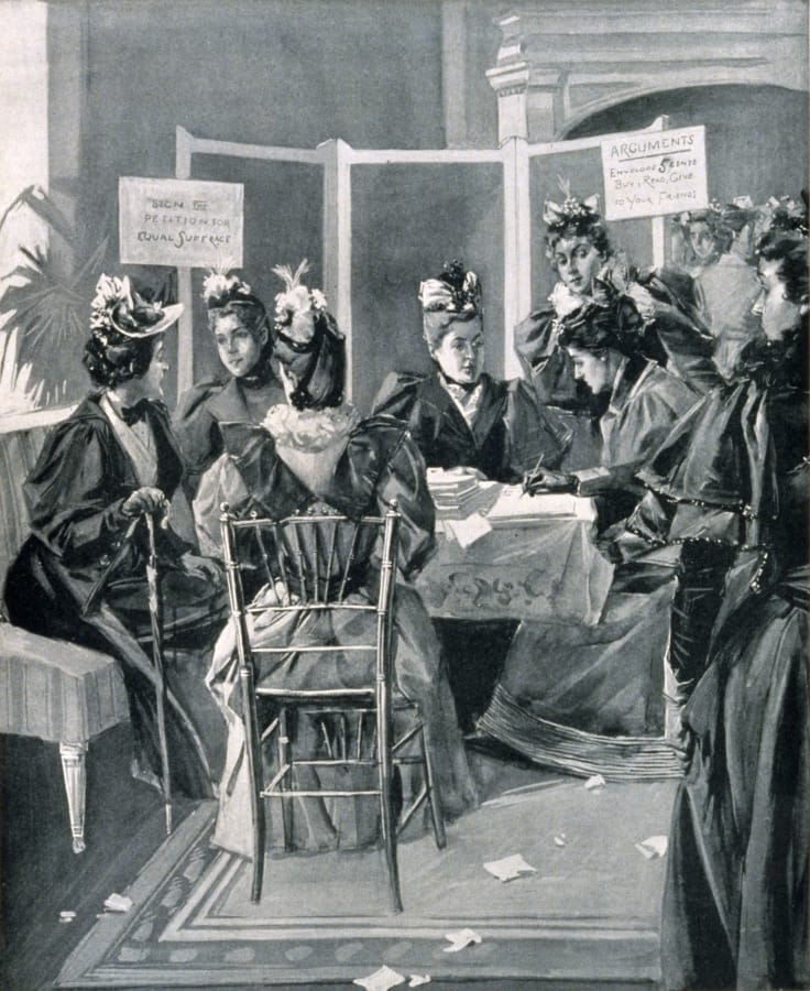Vintage illustration shows leaders in the women&#039;s suffrage movement in New York City securing signatures for petitions to be presented to the constitutional convention.