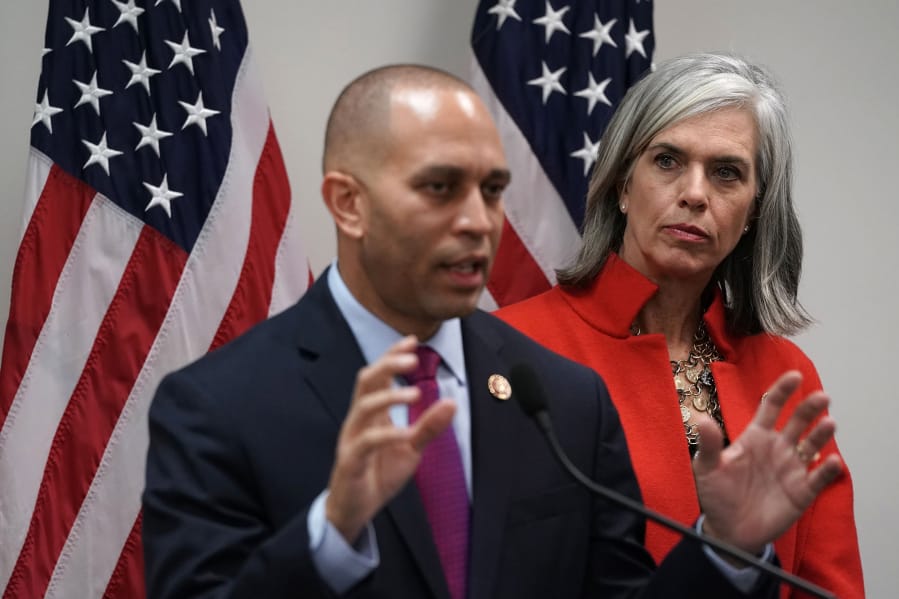 House Democratic Caucus Vice Chair Katherine Clark (D-MA), right, listens as House Democratic Caucus Chairman Rep. Hakeem Jeffries (D-NY) speaks during a news conference at the U.S. Capitol in Washington, D.C., on January 9, 2019.