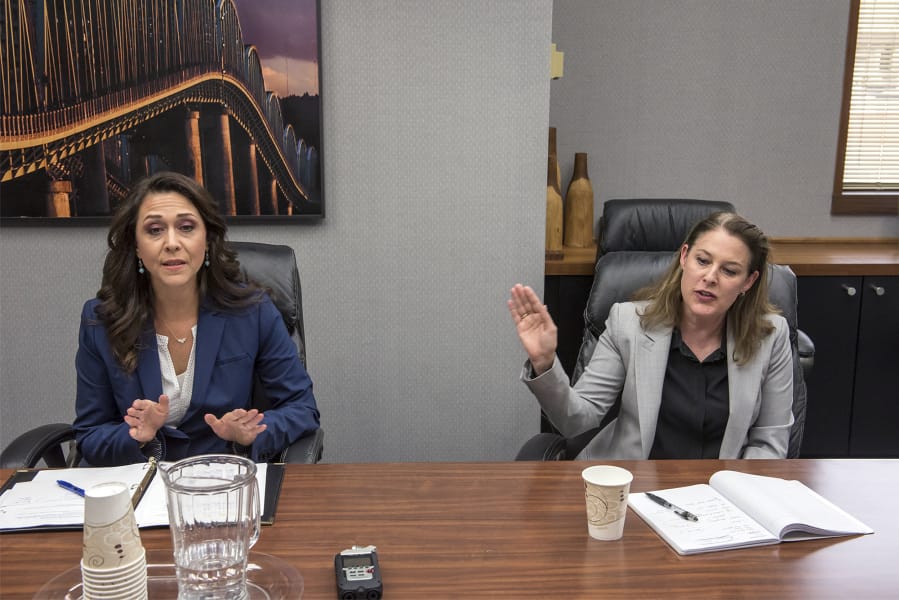 Incumbent U.S. Rep. Jaime Herrera Beutler, R-Battle Ground, left, and candidate Carolyn Long, shown here at a 2018 editorial board meeting, met with The Columbian's Editorial Board on Wednesday. Long and Herrera Beutler face off for a second time in the 2020 election for the 3rd Congressional District seat.