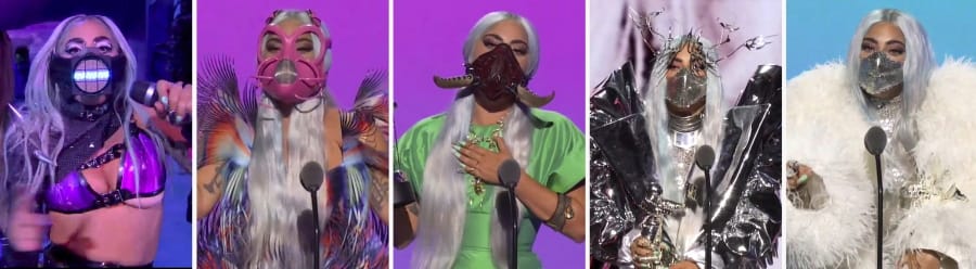 This combination photo of video grabs by MTV, issued Sunday, Aug. 30, 2020, shows Lady Gaga wearing masks during the MTV Video Music Awards.