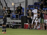 Portland Timbers forward Andy Polo (7) celebrates his goal against the New York City during the second half of an MLS soccer match, Sunday, Aug. 2, 2020, in Kissimmee, Fla.