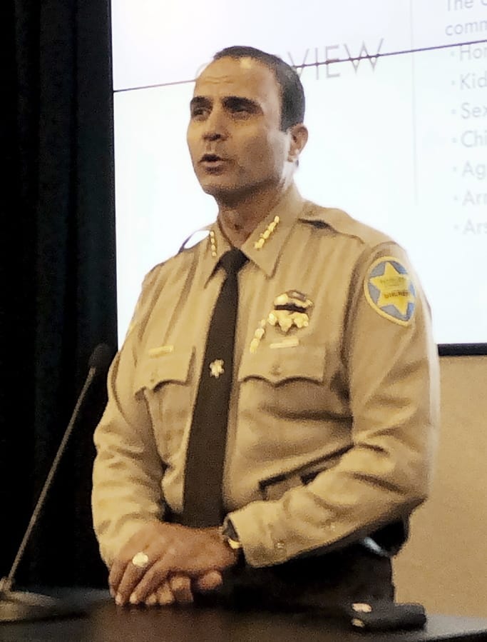Maricopa County Sheriff Paul Penzone is shown at an Aug. 12, 2020, news conference at his office in Phoenix. A court-appointed official has criticized Penzone&#039;s efforts to reduce a backlog of 1,800 internal affairs case against his officers and complained the sheriff hasn&#039;t heeded his team&#039;s suggestions for chipping away at the backlog.