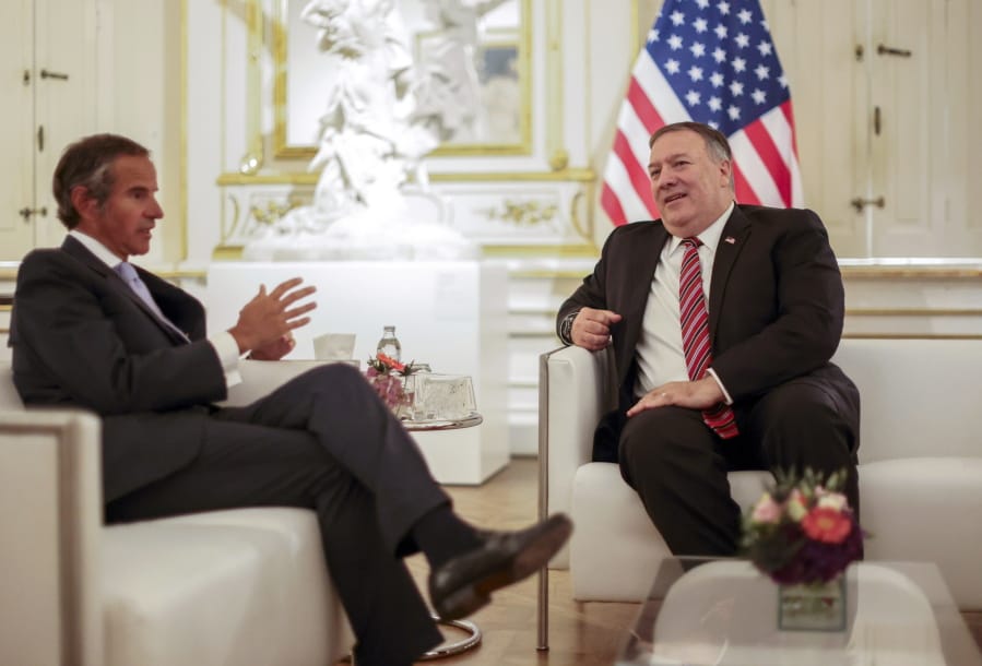 U.S. Secretary of State Mike Pompeo meets with International Atomic Energy Agency (IAEA) Director General Rafael Grossi in Vienna, Friday, Aug. 14, 2020. Pompeo is on a five day visit to central Europe.