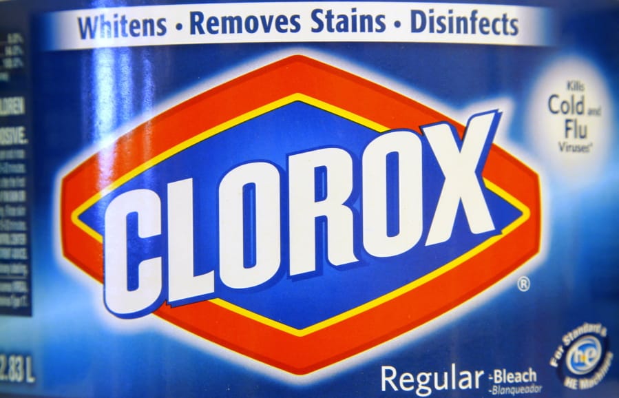 FILE - A detail of a label on a bottle of Clorox bleach is displayed in a supermarket, in Walpole, Mass. in a In this Aug. 1, 2011 file photo. Clorox&#039;Aos fiscal fourth-quarter sales jumped 22% as consumers continued to buy cleaning supplies amid the coronavirus pandemic.