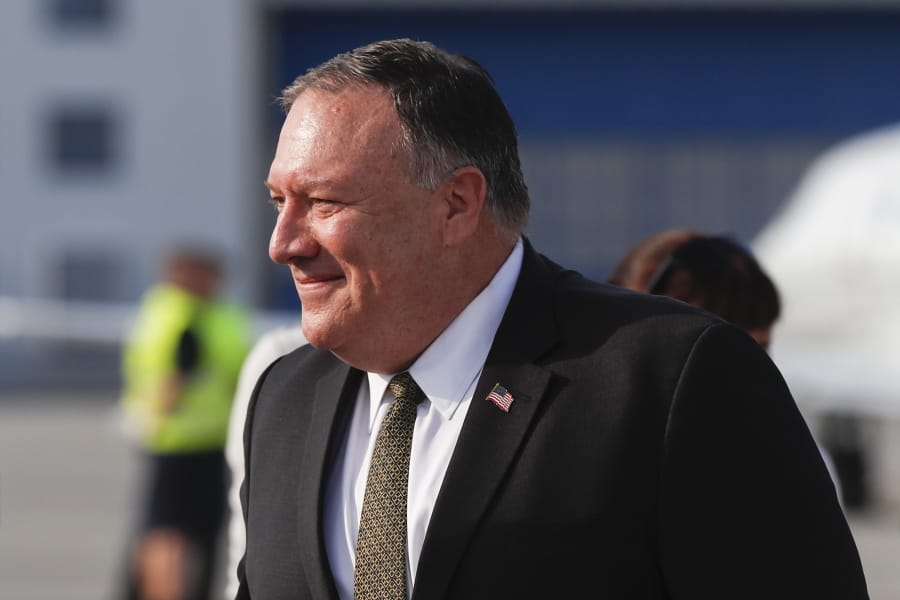 U.S. Secretary of State Mike Pompeo arrives at the airport in Prague, Czech Republic, Tuesday, Aug. 11, 2020. U.S. Secretary of State Mike Pompeo is in Czech Republic at the start of a four-nation tour of Europe. Slovenia, Austria and Poland the other stations of the trip.