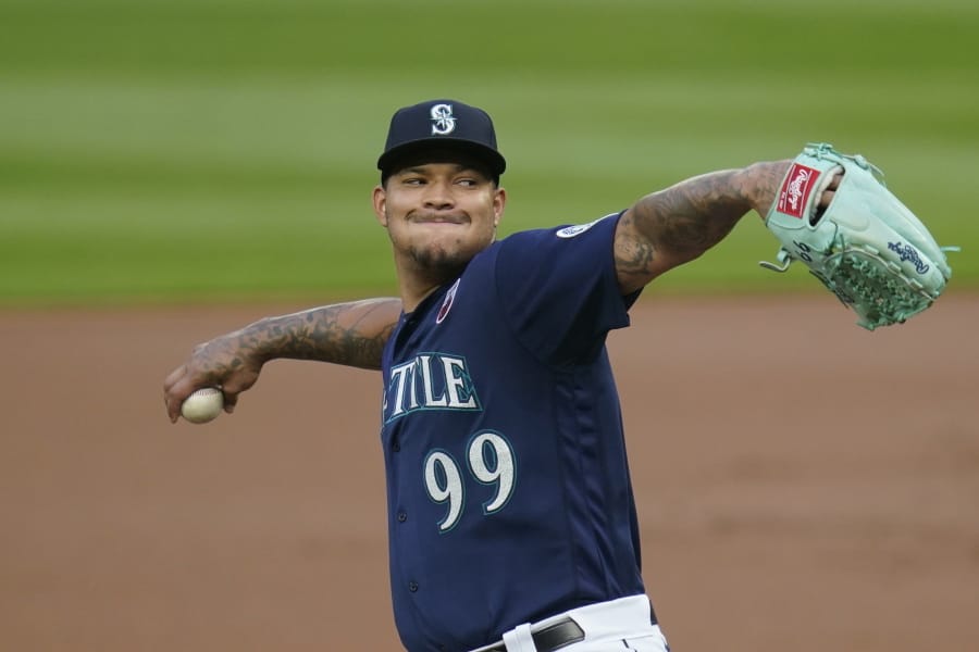 Seattle Mariners starting pitcher Taijuan Walker throws against the Los Angeles Dodgers in the second inning of a baseball game Wednesday, Aug. 19, 2020, in Seattle.