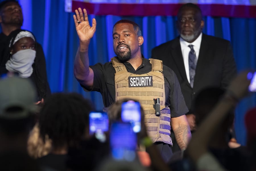 FILE - In this Sunday, July 19, 2020, file photo, Kanye West makes his first presidential campaign appearance, in North Charleston, S.C. West filed signatures on Wednesday, Aug. 5, 2020, in Ohio, to run for president as an independent candidate in November.