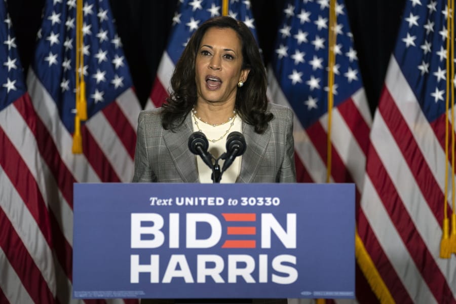 Sen. Kamala Harris, D-Calif., speaks during a news conference with Democratic presidential candidate former Vice President Joe Biden at the Hotel DuPont in Wilmington, Del., Thursday, Aug. 13, 2020.