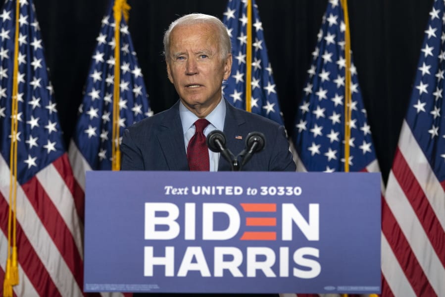 Democratic presidential candidate former Vice President Joe Biden speaks during a news conference at the Hotel DuPont in Wilmington, Del., Thursday, Aug. 13, 2020.