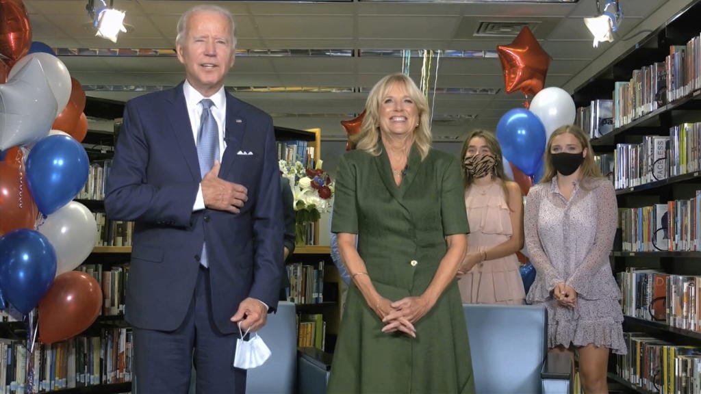 In this image from video, Democratic presidential candidate former Vice President Joe Biden, his wife Jill Biden, and members of the Biden family, celebrate after the roll call during the second night of the Democratic National Convention on Tuesday, Aug. 18, 2020.