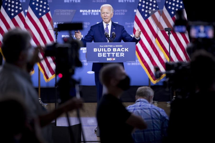Democratic presidential candidate former Vice President Joe Biden speaks at a campaign event at the William &quot;Hicks&quot; Anderson Community Center in Wilmington, Del., Tuesday, July 28, 2020.(AP Photo/Andrew Harnik)