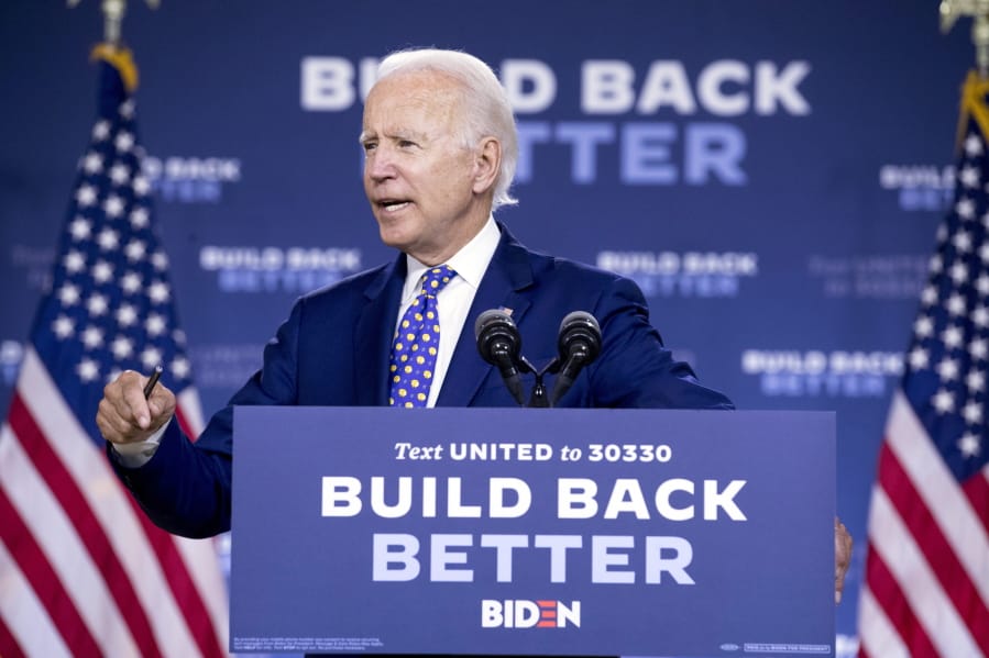 Democratic presidential candidate former Vice President Joe Biden speaks at a campaign event at the William &quot;Hicks&quot; Anderson Community Center in Wilmington, Del., Tuesday, July 28, 2020.(AP Photo/Andrew Harnik)