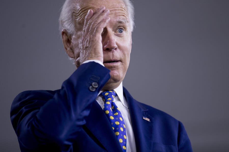 Democratic presidential candidate former Vice President Joe Biden gestures while referencing President Donald Trump at a campaign event at the William &quot;Hicks&quot; Anderson Community Center in Wilmington, Del., Tuesday, July 28, 2020.(AP Photo/Andrew Harnik)