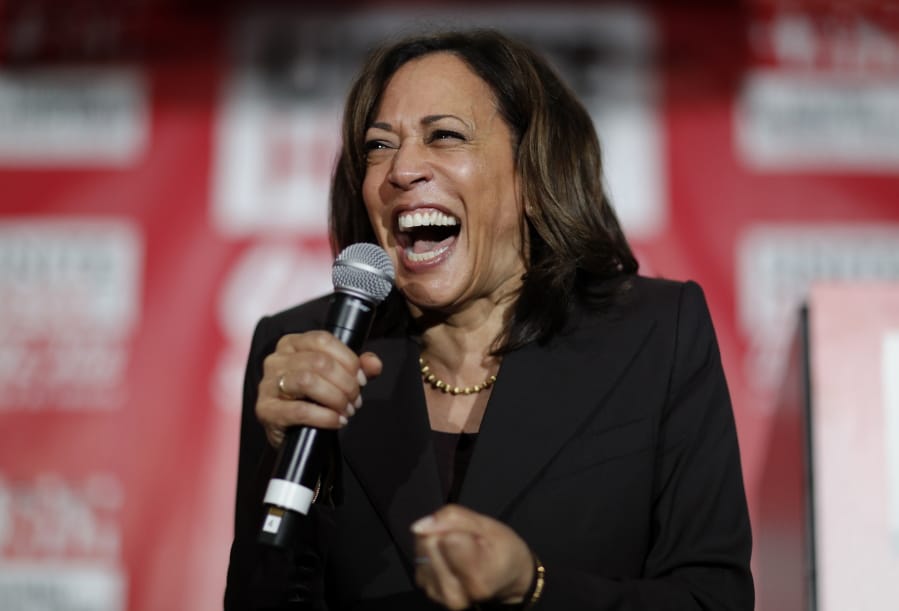 Sen. Kamala Harris, D-Calif., reacts as she speaks at a town hall event at the Culinary Workers Union in Las Vegas in late 2019.