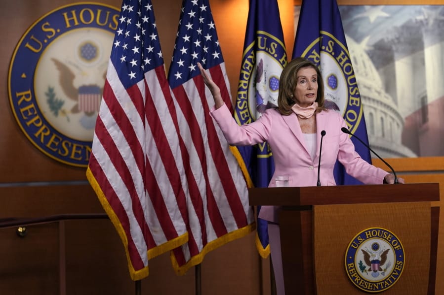 House Speaker Nancy Pelosi of Calif., speaks during a news conference on Capitol Hill in Washington, Saturday, Aug. 22, 2020. The House is set for a rare Saturday session to pass legislation to halt changes in the Postal Service and provide $25 billion in emergency funds.