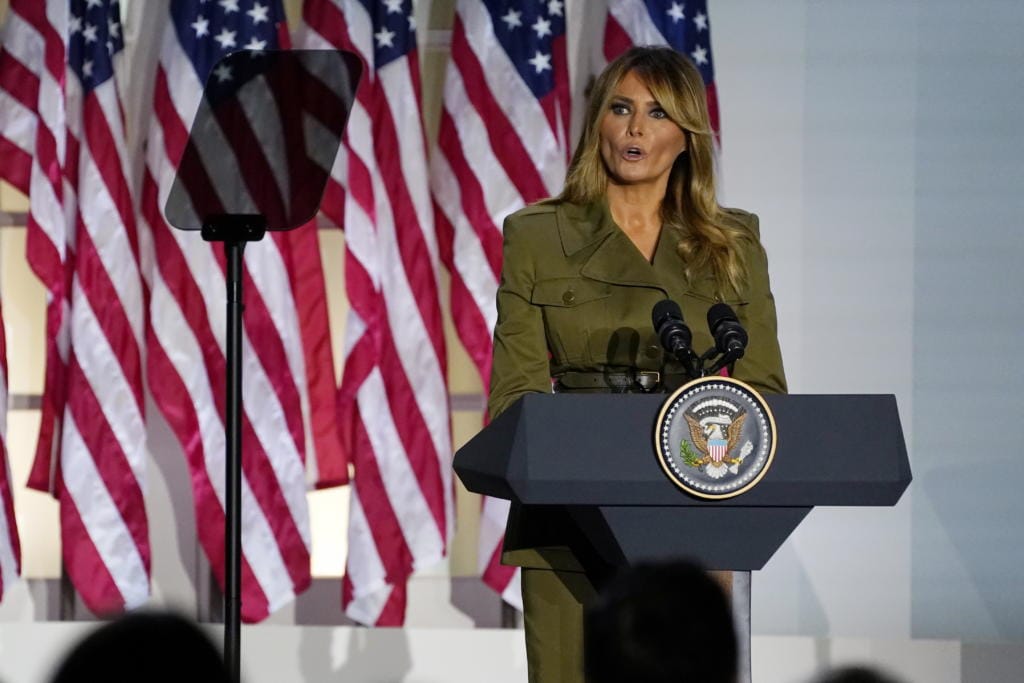 First lady Melania Trump speaks on the second night of the Republican National Convention from the Rose Garden of the White House, Tuesday, Aug. 25, 2020, in Washington.