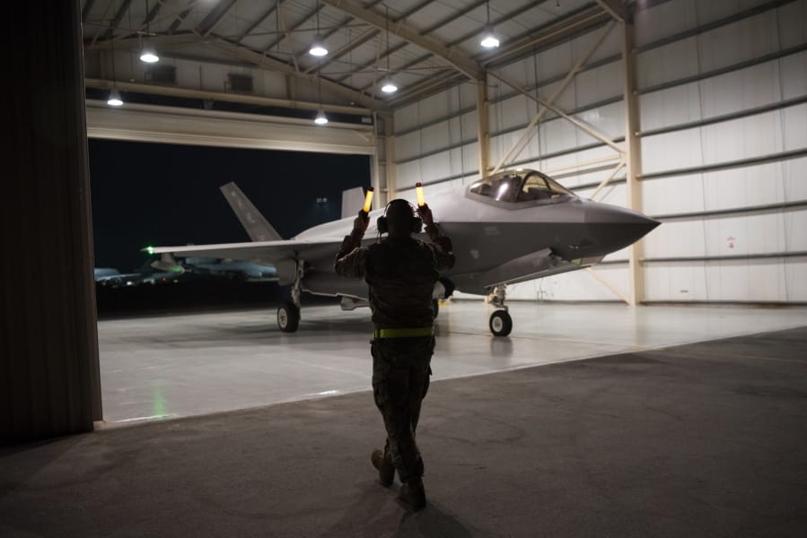 In this Sept. 10, 2019, photo released by the U.S. Air Force, an F-35A Lightning II fighter jet is directed out of a hangar at Al-Dhafra Air Base in the United Arab Emirates. A U.S.-brokered deal that saw Israel and the United Arab Emirates begin to open diplomatic ties may end up with Abu Dhabi purchasing advanced American weaponry like the F-35, potentially upending both a longstanding Israeli military edge regionally and the balance of power with Iran. (Tech. Sgt. Jocelyn A. Ford/U.S.