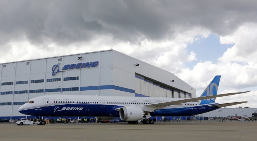 FILE - In this March 31, 2017, file photo, Boeing employees stand near the new Boeing 787-10 at the company&#039;s facility in North Charleston, S.C. Federal officials are seeking to fine Boeing $1.25 million, saying Wednesday, Aug. 5, 2020, that company managers pressured employees who were designated to perform safety-related work at the plant. The Federal Aviation Administration said that for nearly two years Boeing made employees doing safety checks report to managers who weren&#039;t in position to oversee the work.