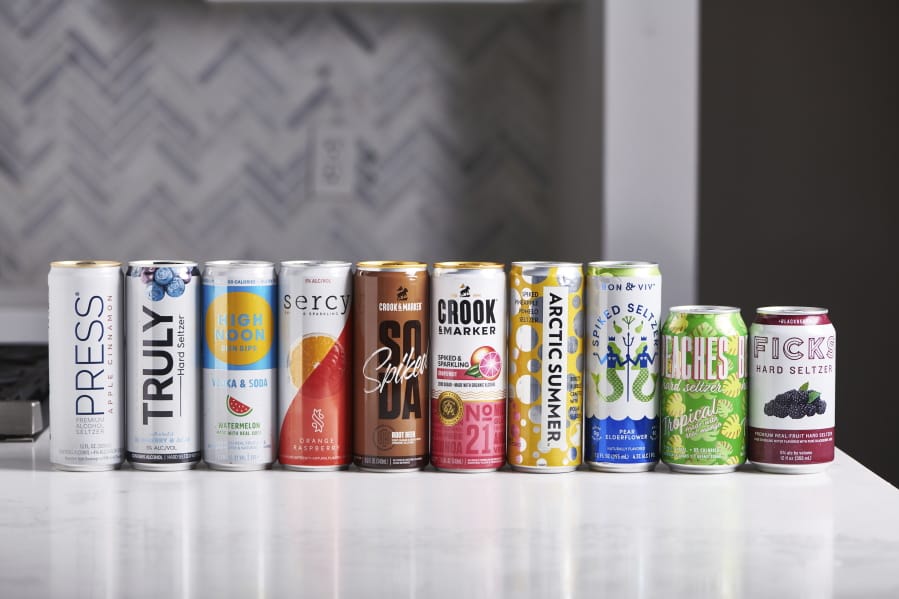 A selection of hard seltzer on a counter in New York. Hard seltzer, also known as spiked seltzer or hard sparkling water, contains carbonated water, alcohol and flavoring.